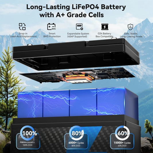 12V 100Ah Mini LiFePO4 Battery, Smaller than Group 24 Lithium Battery, Built-in 100A BMS, UP to 15000 Cycles, Max.1280Wh Rechargable Battery for RV, Solar Off-Grid, Camping, Trolling