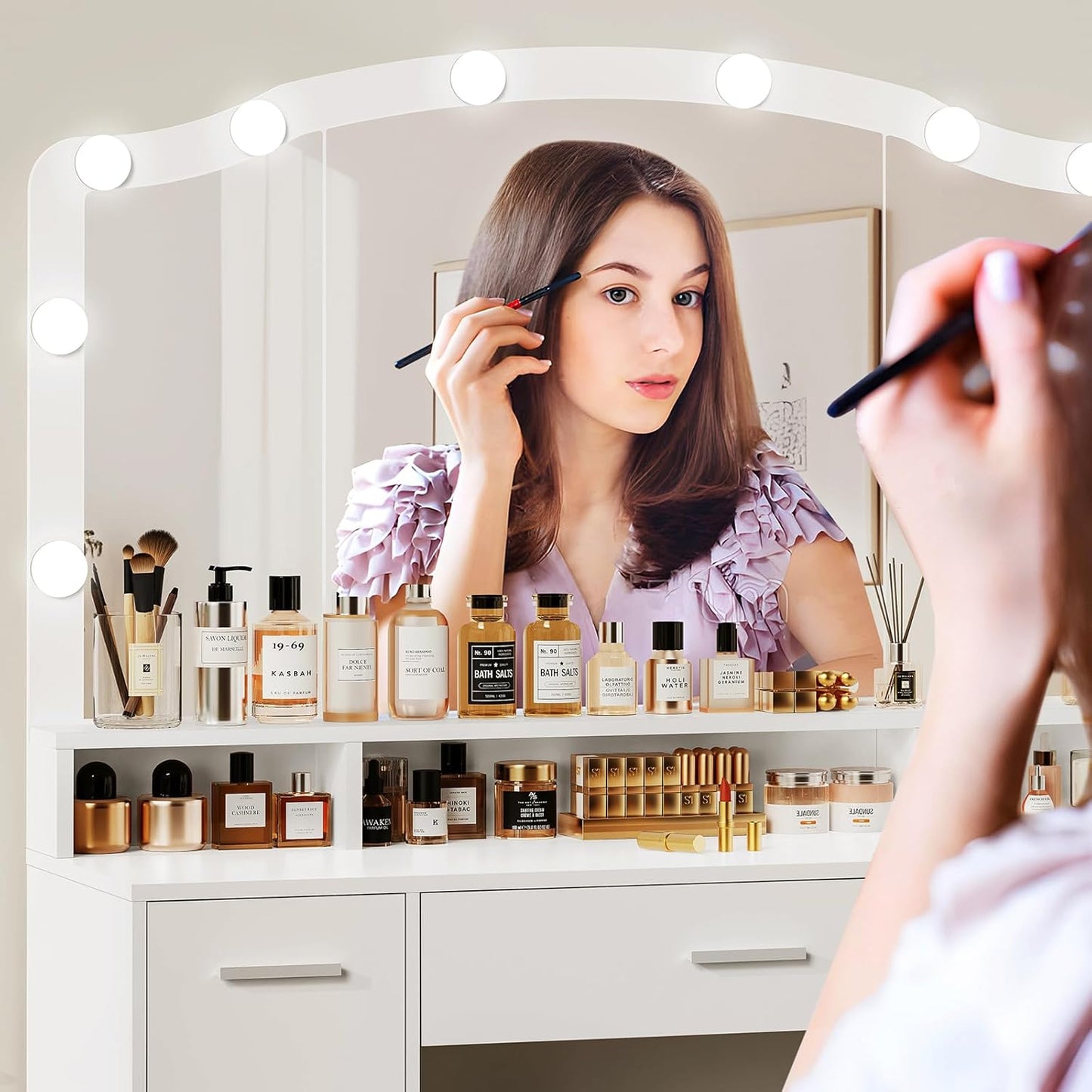 Large Vanity with Mirror and Light, Dressing Table Set with 3 Drawers, 2 Cabinets and 10 LED Bulbs Dresser with Stool for Women,Bedroom,Bathroom, White
