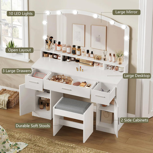 Large Vanity with Mirror and Light, Dressing Table Set with 3 Drawers, 2 Cabinets and 10 LED Bulbs Dresser with Stool for Women,Bedroom,Bathroom, White