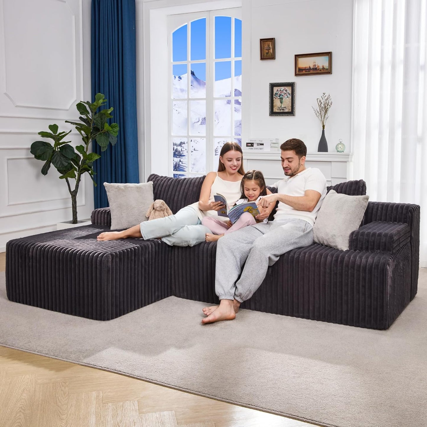 Modular Sectional Sofa Couches L-Shape Couch 3 Seat Modular Sofa Memory Foam Sectional Couches for Living Room, Cloud Couch with Oversized Chaise (Grey, Stripe (Left Facing Chaise))