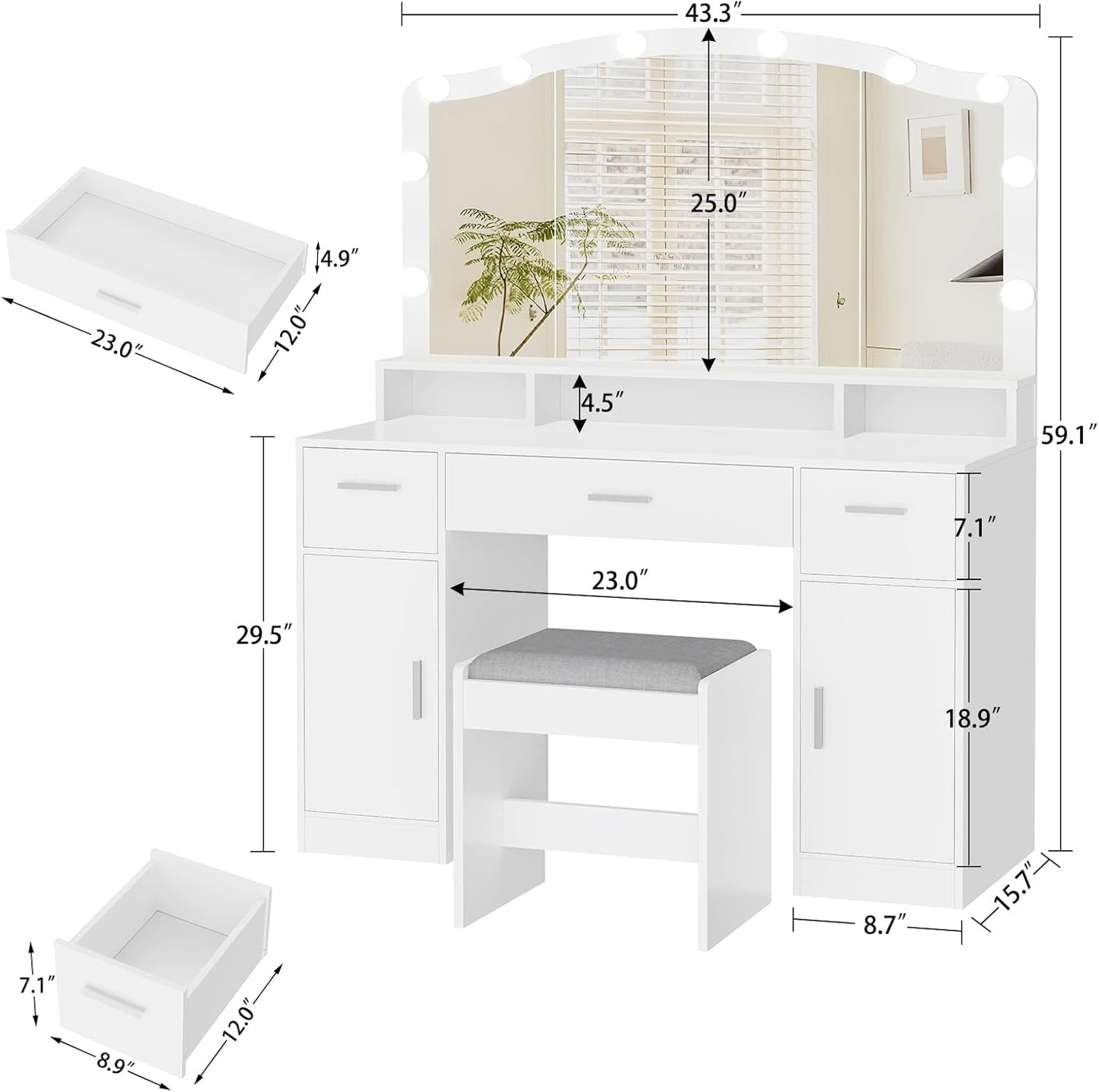 Large Vanity with Mirror and Light, Dressing Table Set with 3 Drawers, 2 Cabinets and 10 LED Bulbs Dresser with Stool for Women,Bedroom,Bathroom, White