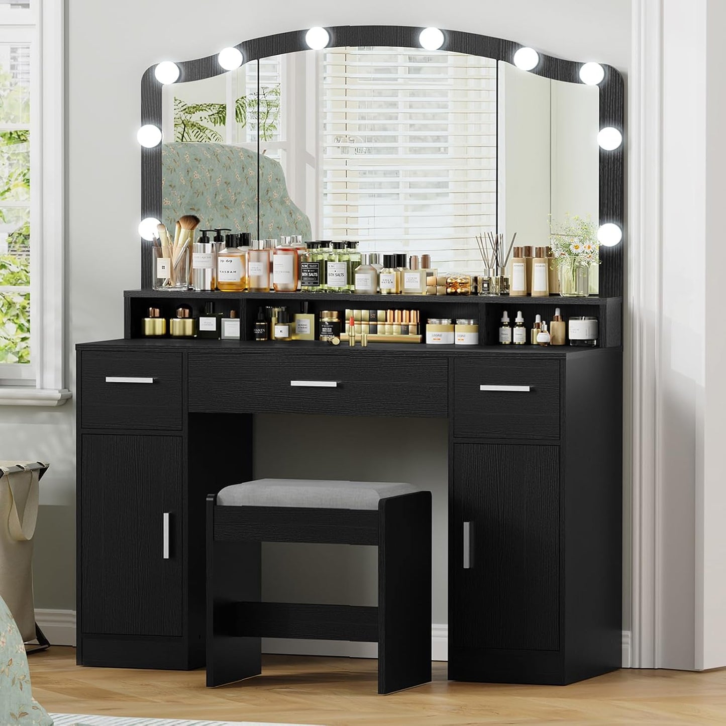 Large Vanity with Mirror and Light, Dressing Table Set with 3 Drawers, 2 Cabinets and 10 LED Bulbs Dresser with Stool for Women,Bedroom,Bathroom, White