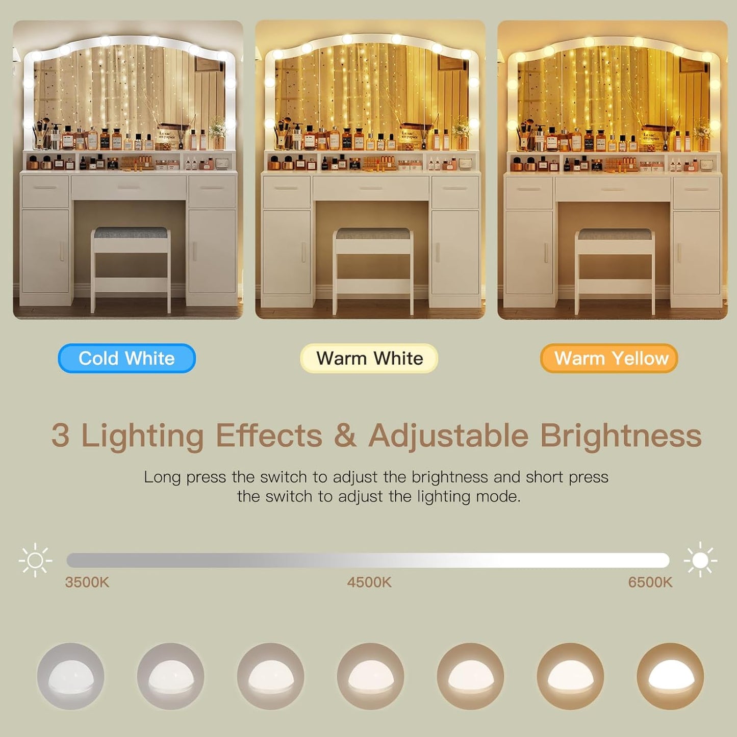Large Vanity with Mirror and Light, Dressing Table Set with 3 Drawers, 2 Cabinets and 10 LED Bulbs Dresser with Stool for Women,Bedroom,Bathroom, White