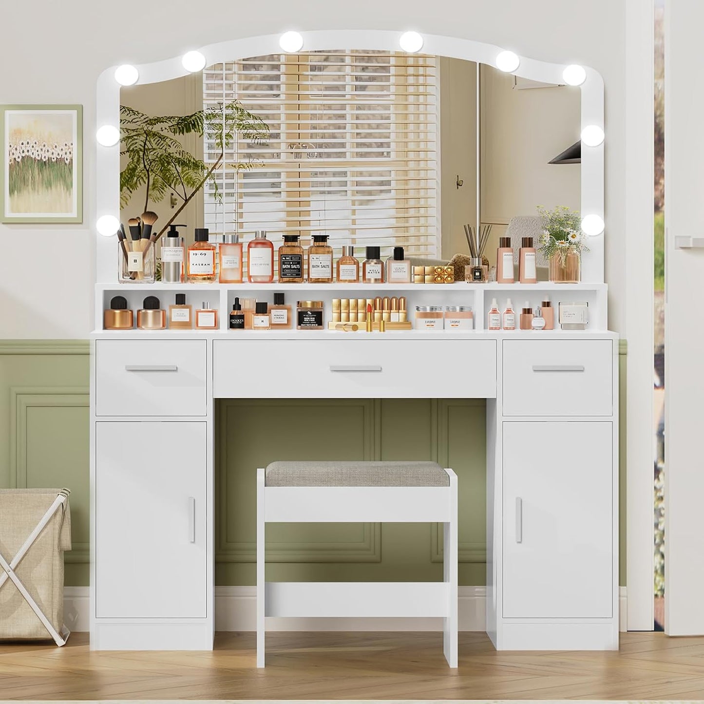 Large Vanity with Mirror and Light, Dressing Table Set with 3 Drawers, 2 Cabinets and 10 LED Bulbs Dresser with Stool for Women,Bedroom,Bathroom, White