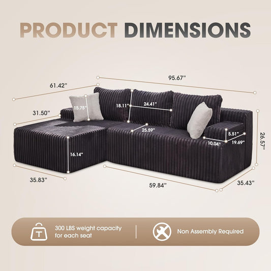 Modular Sectional Sofa Couches L-Shape Couch 3 Seat Modular Sofa Memory Foam Sectional Couches for Living Room, Cloud Couch with Oversized Chaise (Grey, Stripe (Left Facing Chaise))
