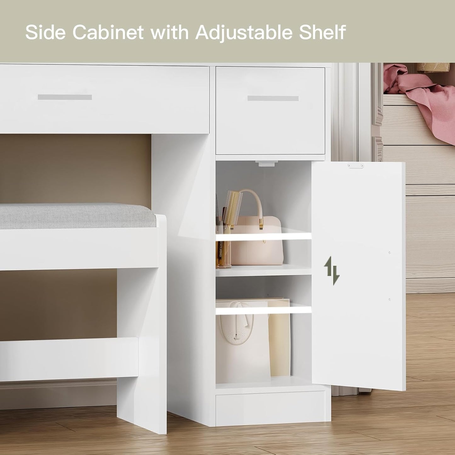 Large Vanity with Mirror and Light, Dressing Table Set with 3 Drawers, 2 Cabinets and 10 LED Bulbs Dresser with Stool for Women,Bedroom,Bathroom, White