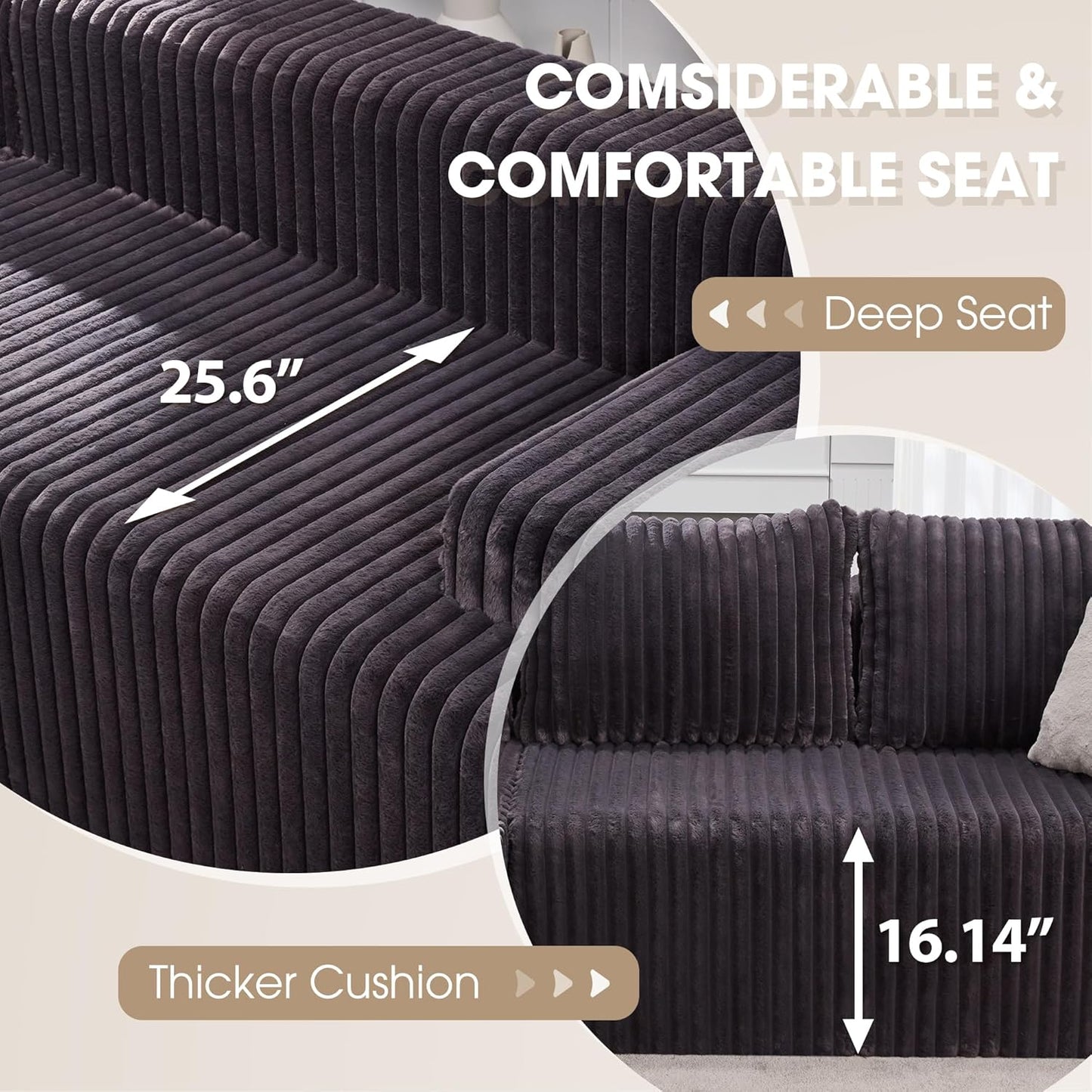 Modular Sectional Sofa Couches L-Shape Couch 3 Seat Modular Sofa Memory Foam Sectional Couches for Living Room, Cloud Couch with Oversized Chaise (Grey, Stripe (Left Facing Chaise))