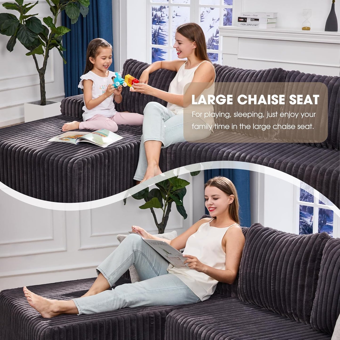 Modular Sectional Sofa Couches L-Shape Couch 3 Seat Modular Sofa Memory Foam Sectional Couches for Living Room, Cloud Couch with Oversized Chaise (Grey, Stripe (Left Facing Chaise))