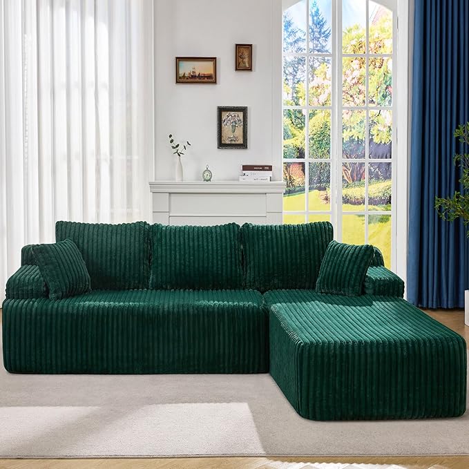 Modular Sectional Sofa Couches L-Shape Couch 3 Seat Modular Sofa Memory Foam Sectional Couches for Living Room, Cloud Couch with Oversized Chaise (Grey, Stripe (Left Facing Chaise))