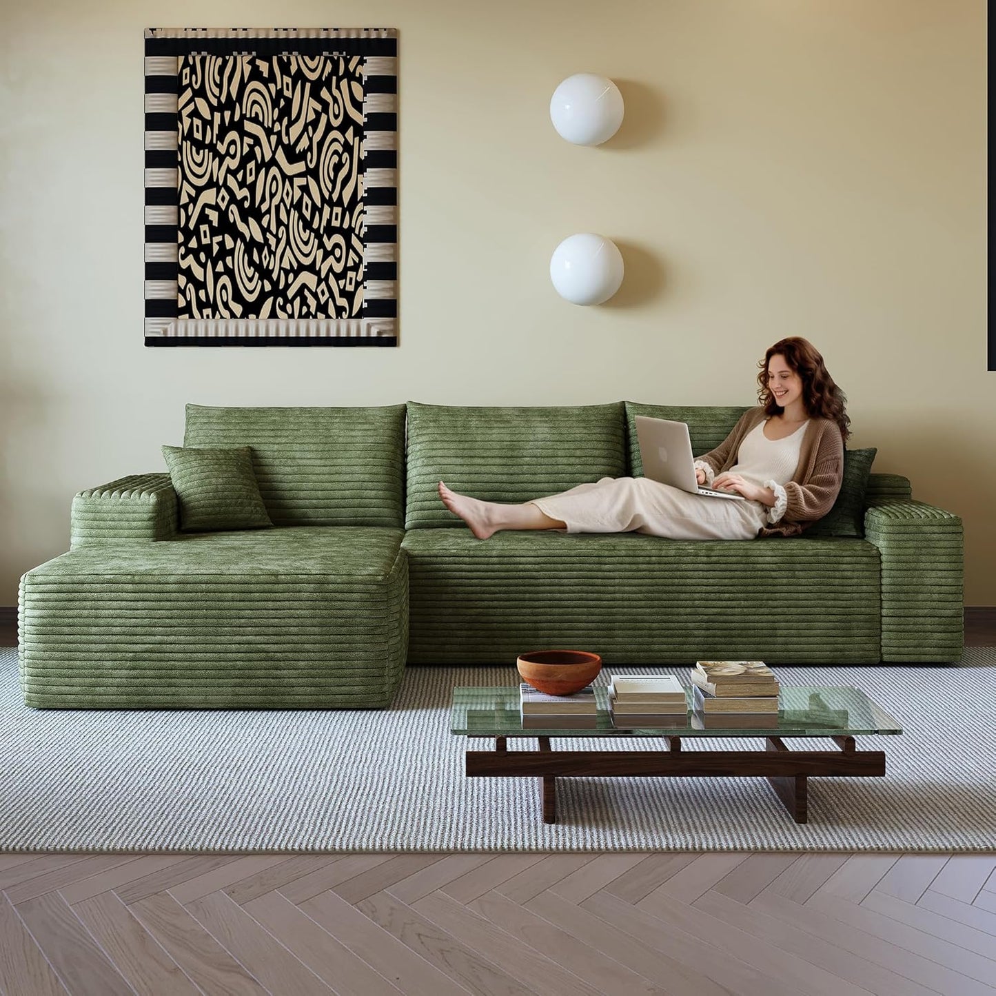 108" Sectional Couches for Living Room Modern Modular Sofa with L-Shape Couchs Upholstered Boneless Couch Deep Seat Sectional Couch with Chaise (Camel, Right Facing Chaise+2Seaters)