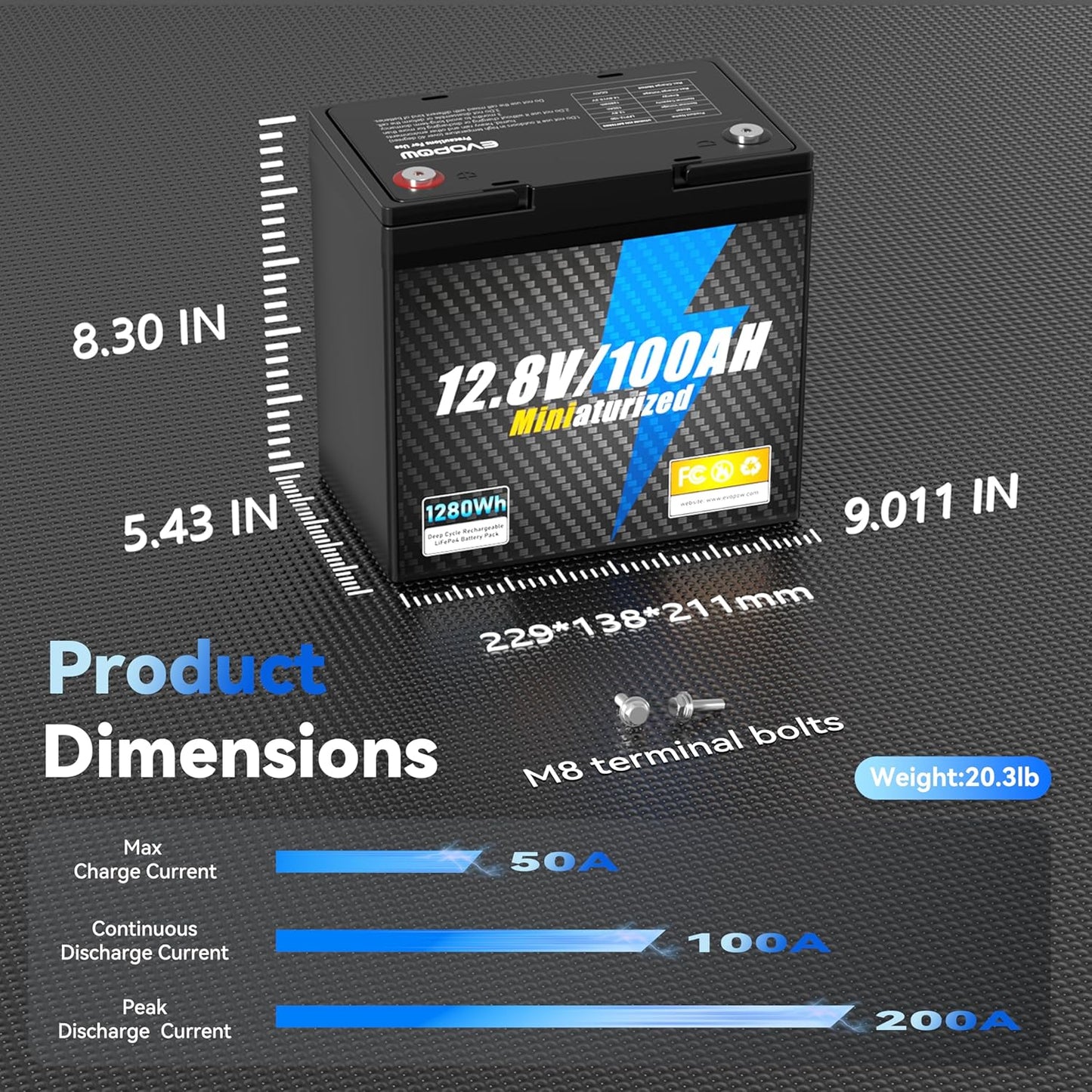 12V 100Ah Mini LiFePO4 Battery, Smaller than Group 24 Lithium Battery, Built-in 100A BMS, UP to 15000 Cycles, Max.1280Wh Rechargable Battery for RV, Solar Off-Grid, Camping, Trolling
